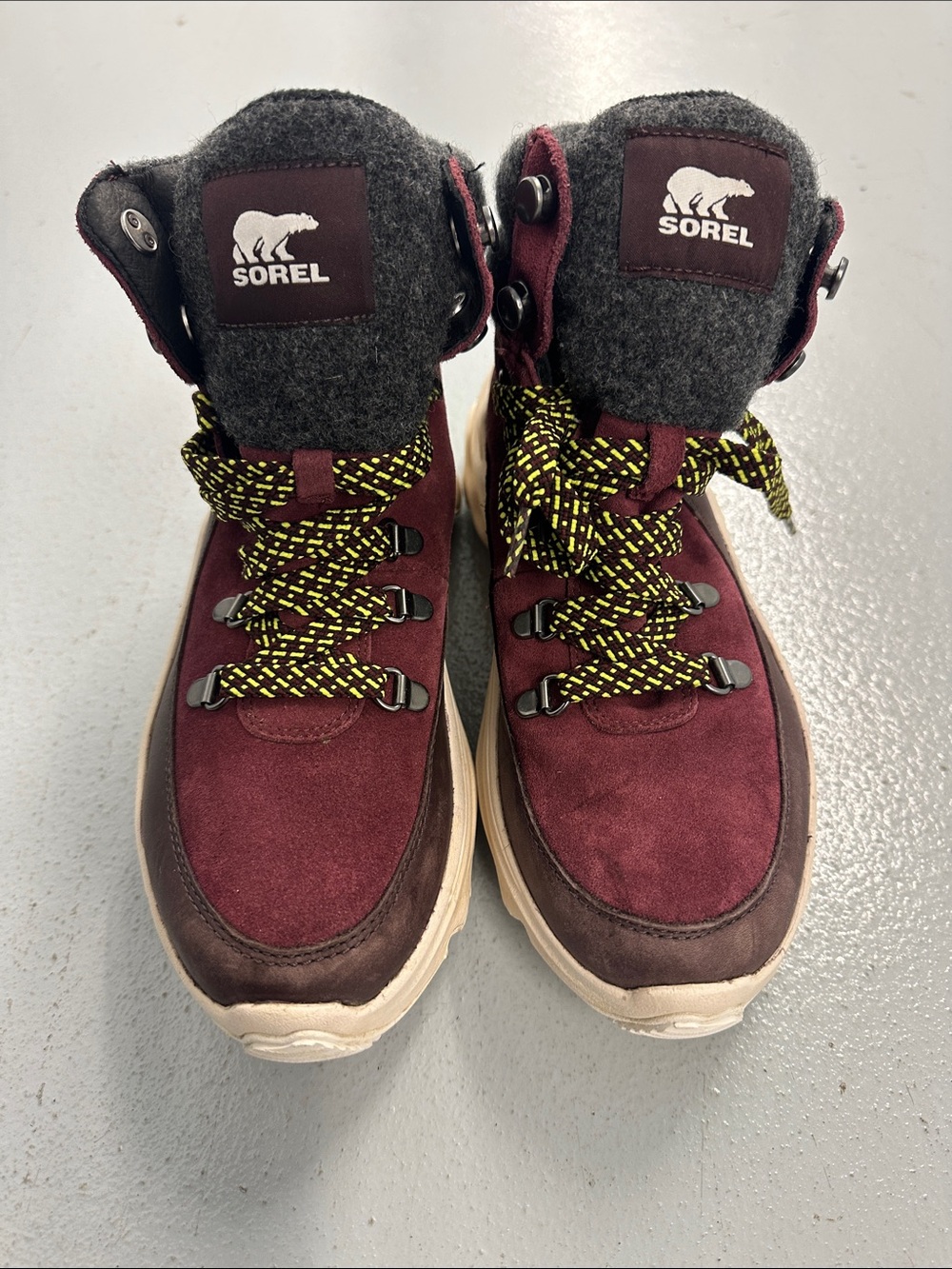 Sorel Burgundy and Gray Suede Wool-Collar Hiker Boots with Yellow Accent Laces